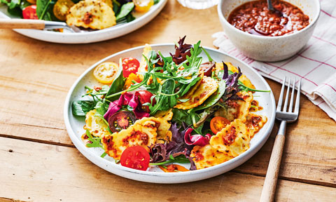 Warm pasta salad with mixed tomatoes