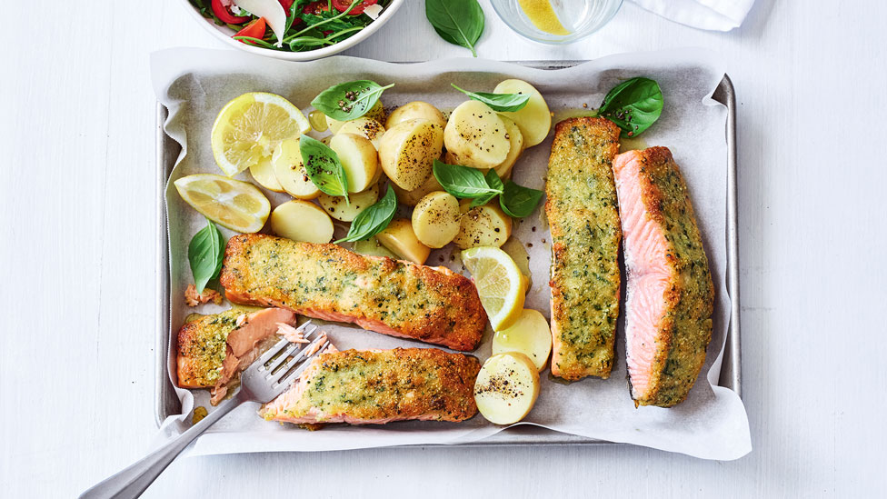 Almond and parmesan crusted salmon with roasted potatoes