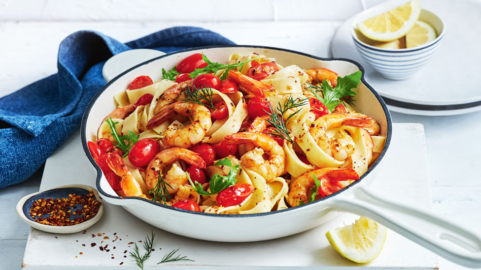 Chilli prawn and fresh tomato pappardelle with chilli flakes