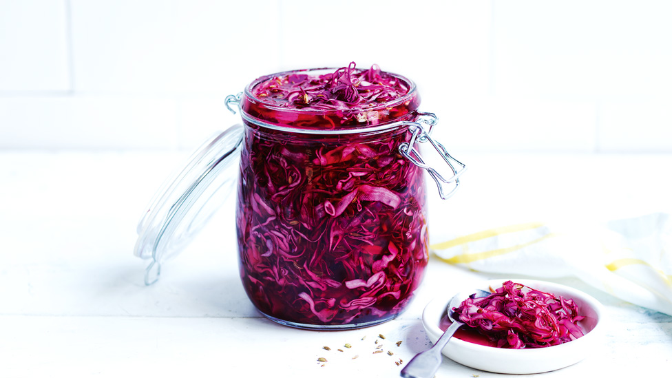 Fennel seed pickled cabbage in a glass jar