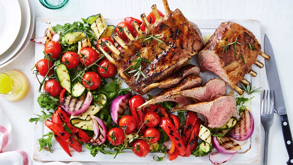Garlic and rosemary lamb rack with grilled vegetables
