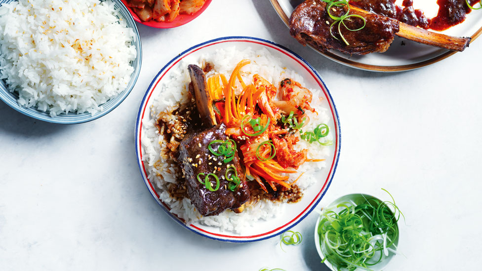 Korean-style beef ribs with rice and kimchi