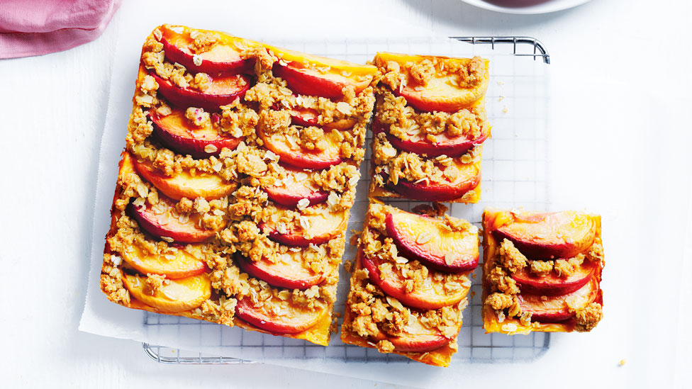 Custard slice topped with nectarine wedges