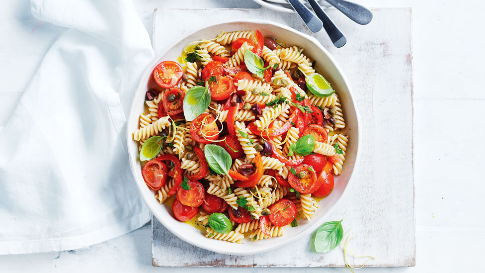 Curtis' pasta salad with tomatoes, olives and basil