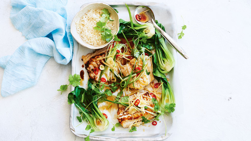 Cantonese-style crispy fish with rice and greens