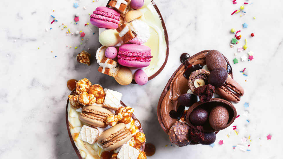 Hot cross bun, caramel crunch and triple-choc cheesecake Easter eggs