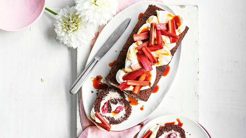 Chocolate sponge roll with poached rhubarb