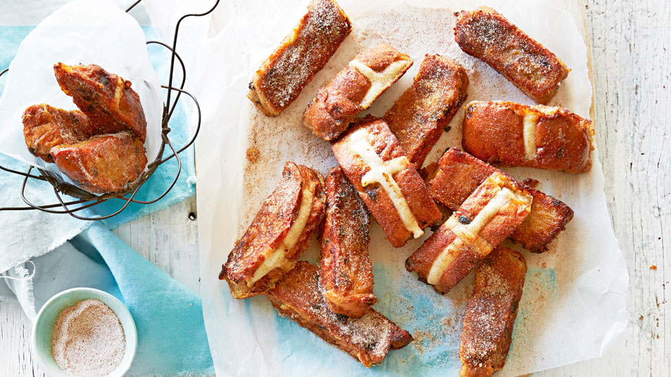 French toast hot cross bun fingers with cinnamon sugar