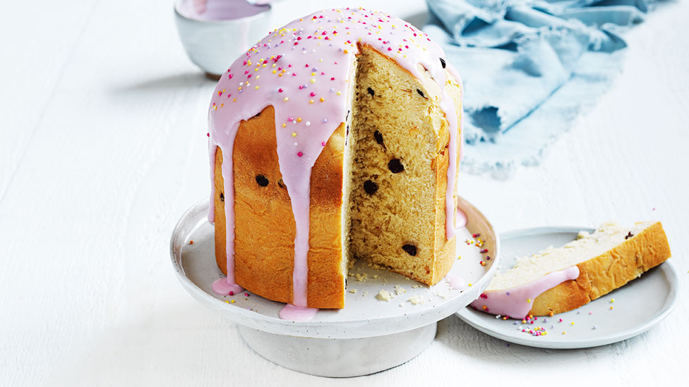 Easter bread Kulich with pink icing sugar