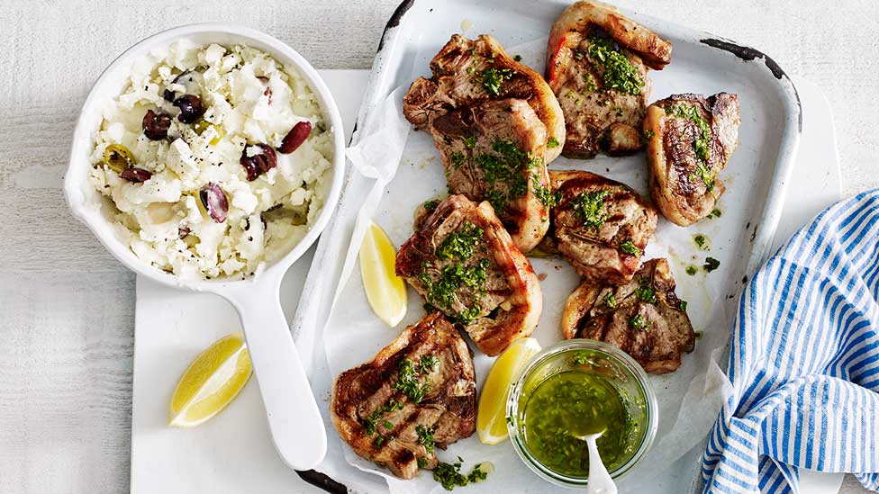 Lamb loin chops with Greek salsa verde, creamy olive and fetta mash