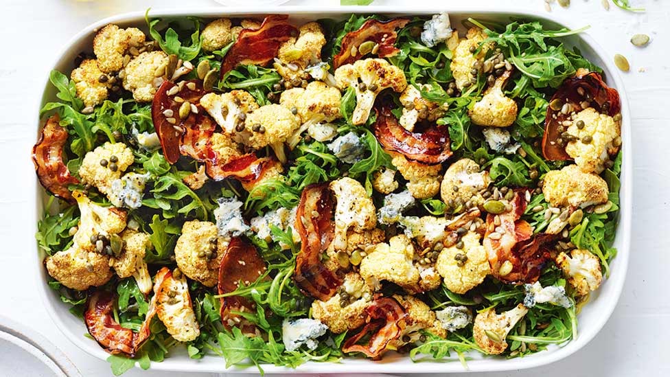 Roast cauliflower with blue cheese salad and greens