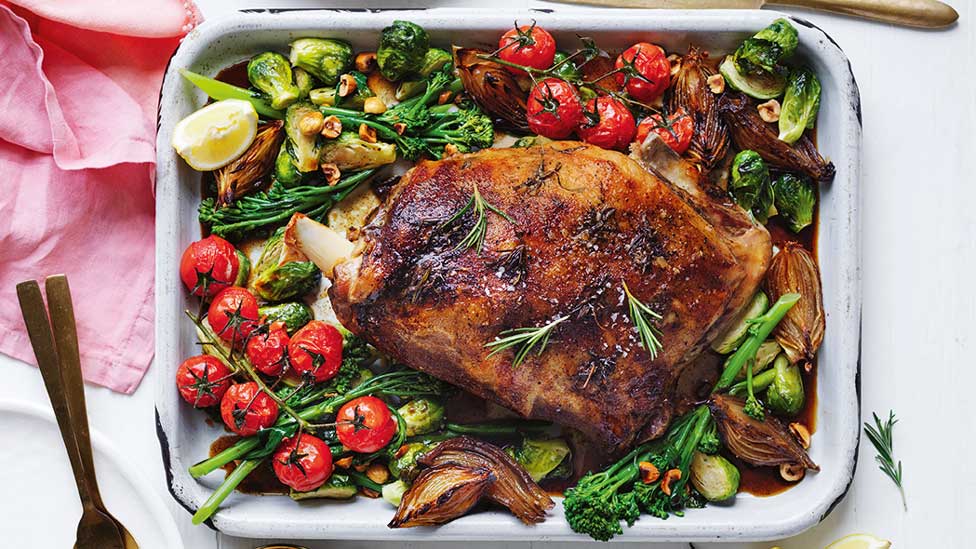 Slow-roasted lamb with Brussels sprouts