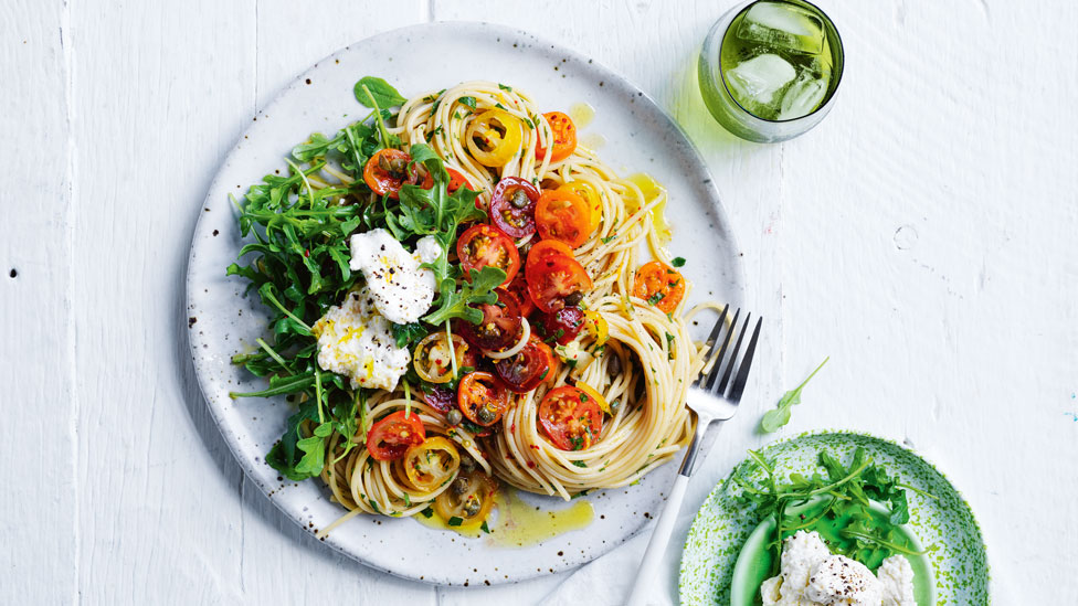 Tomato and chilli pasta with ricotta and rocket leaves