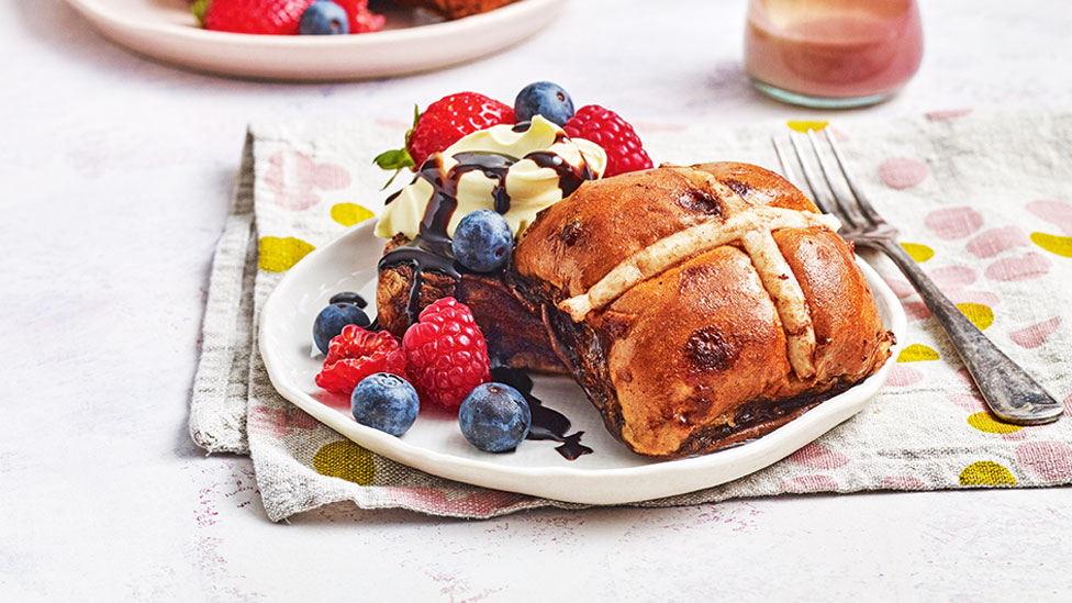 Hot cross bun chocolate French toast with mixed berries