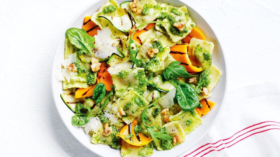 Beef ravioli with spinach pesto and pumpkin