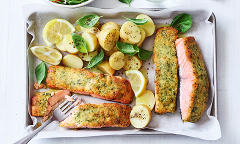 Almond and parmesan crusted salmon with roasted potatoes
