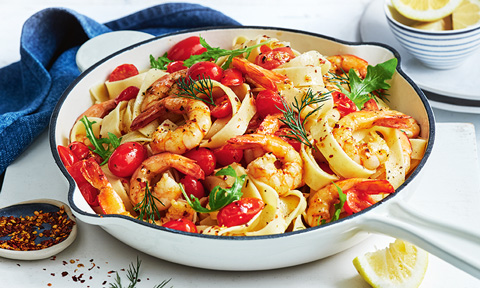 Chilli prawn and fresh tomato pappardelle with chilli flakes