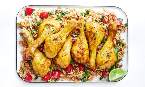 Seven curried chicken drumsticks with lentil and rice salad