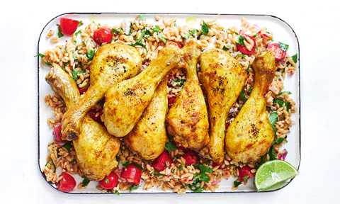 Curried chicken drumsticks with lentil and rice salad