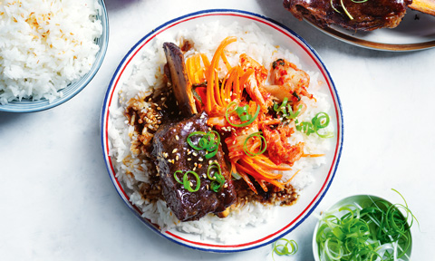Korean-style beef ribs with rice and kimchi