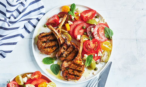 Oregano lamb cutlets with tomato and green olive salsa