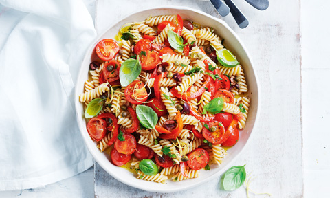 Curtis' pasta salad with tomatoes, olives and basil