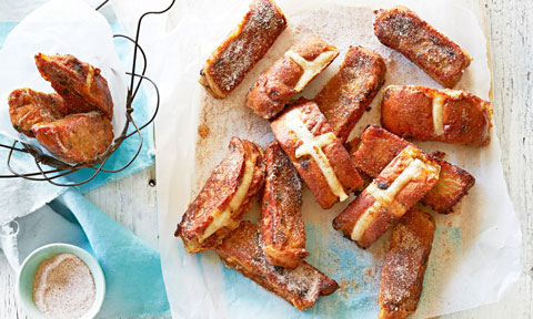 French toast hot cross bun fingers with cinnamon sugar