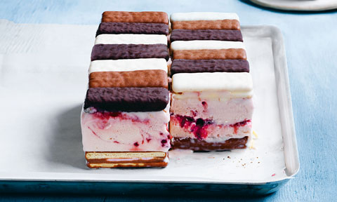 Frozen ripple slices topped with original, white and dark Tim Tam biscuits
