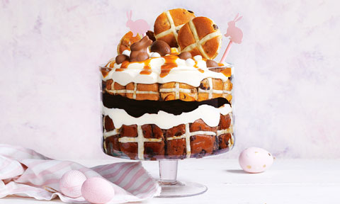 Hot cross bun trifle with mixed Easter chocolates