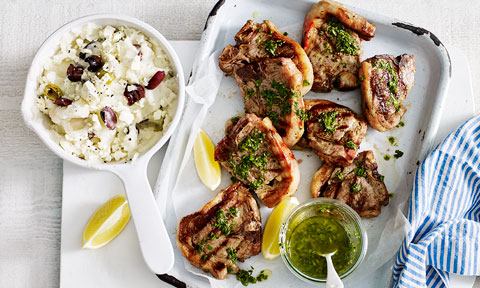 Lamb loin chops with Greek salsa verde, creamy olive and fetta mash