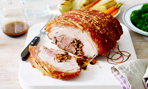 Thickly sliced roast pork leg, stuffed with prunes, pine nuts and parsley