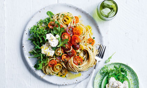 Tomato and chilli pasta with ricotta and rocket leaves