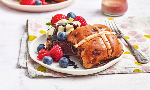 Hot cross bun chocolate French toast with mixed berries