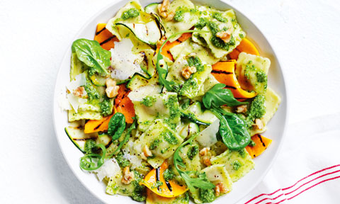 Beef ravioli with spinach pesto and pumpkin