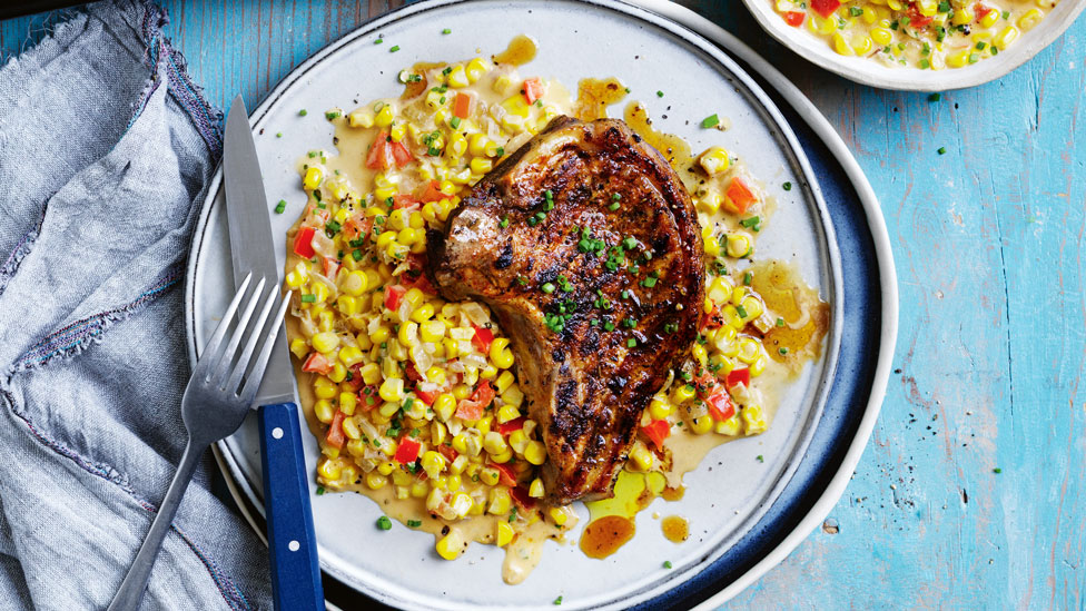 Curtis Stones blackened pork chops with creamy corn