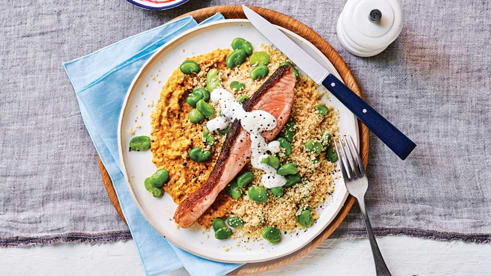 Crispy skinned salmon with couscous