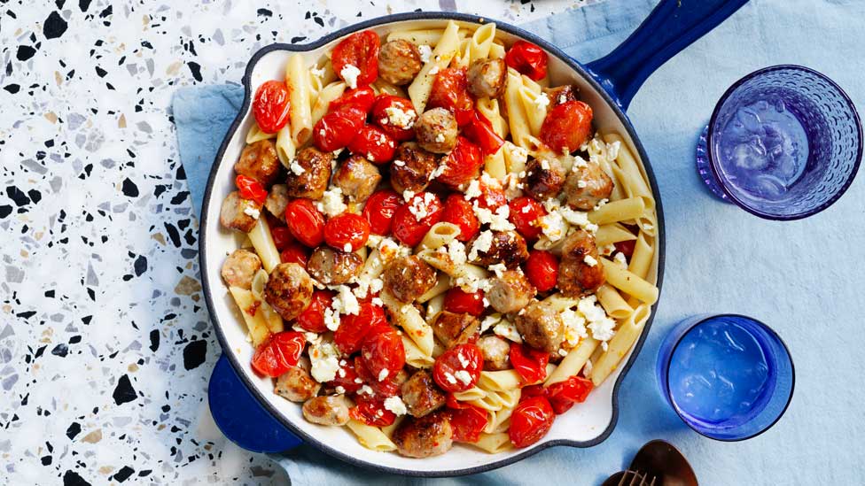 Luke Mangan’s penne with pork sausage, tomatoes and fetta