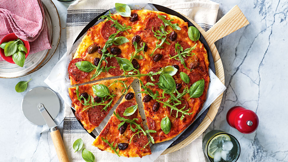 Antonella Banno’s 2-ingredient pizza base with olives and pepperoni