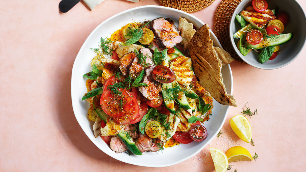 Paprika lamb with tomato and haloumi fattoush salad