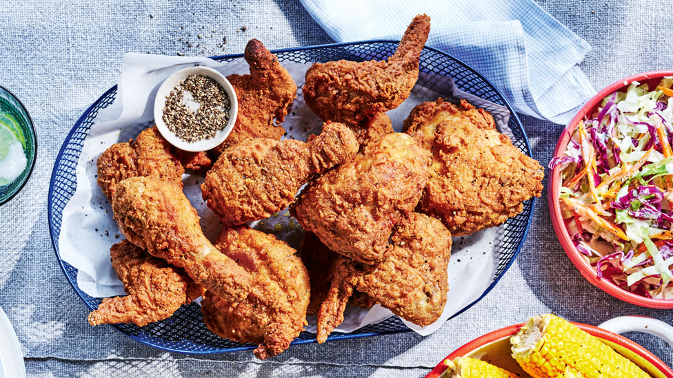 Southern fried chicken with slaw and corn