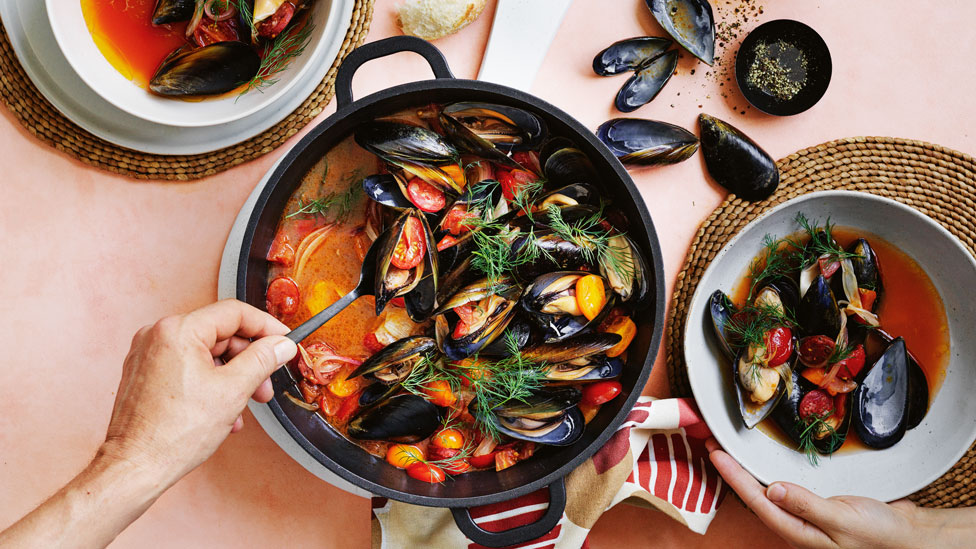 Tomato and chorizo baked mussels