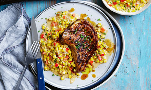 Curtis Stone's blackened pork chops with creamy corn