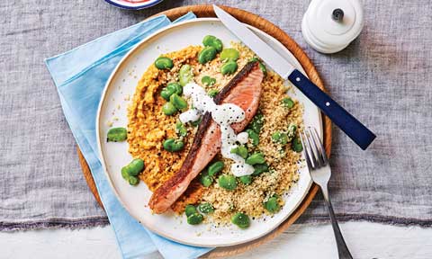 Crispy-skinned salmon with couscous   