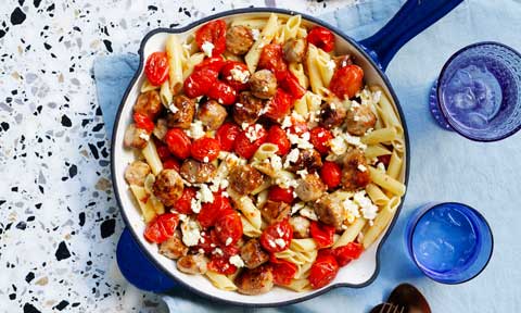 Luke Mangan’s penne with pork sausage, tomatoes and fetta