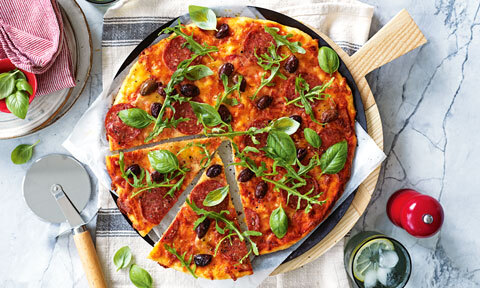 Antonella Banno’s 2-ingredient pizza base with olives and pepperoni