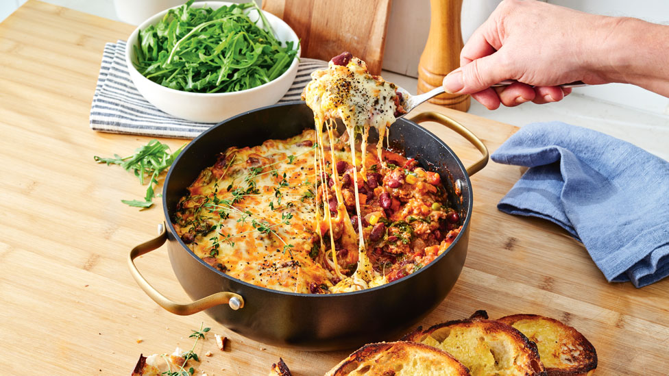 Cheesy sausage and bean skillet bake