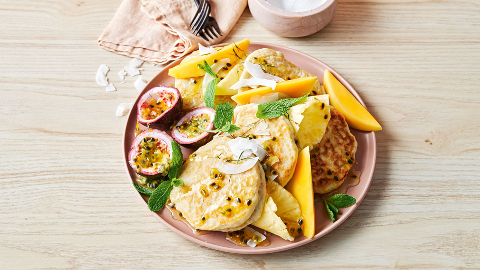 Coconut pancakes with kaffir lime syrup
