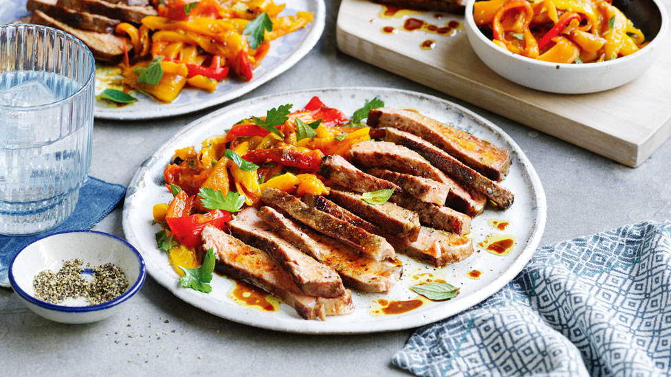 Curtis Stone’s steak with marinated capsicum and oregano sauce