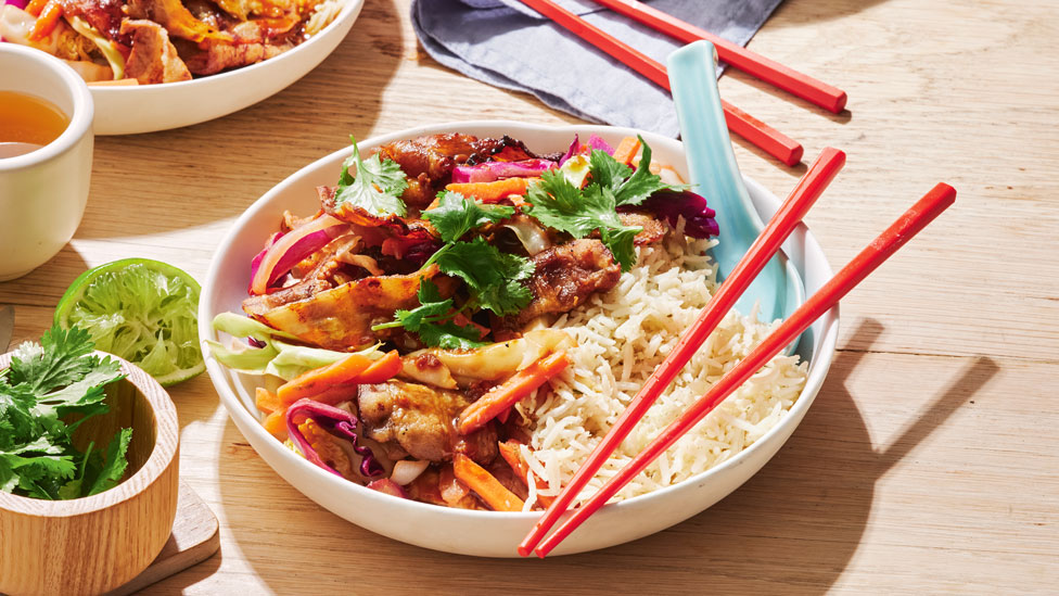 Sticky pork belly with stir-fried vegetables