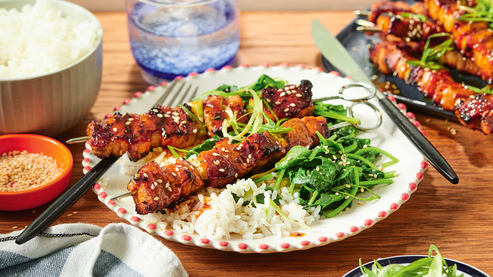 Pork Belly Yakitori with Sesame Spinach